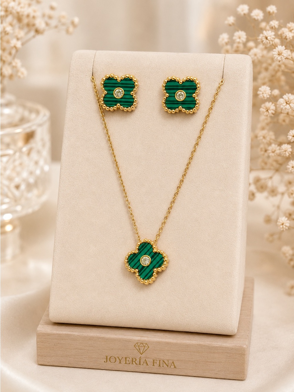 Gold and Green Clover Jewelry Set steel 316L